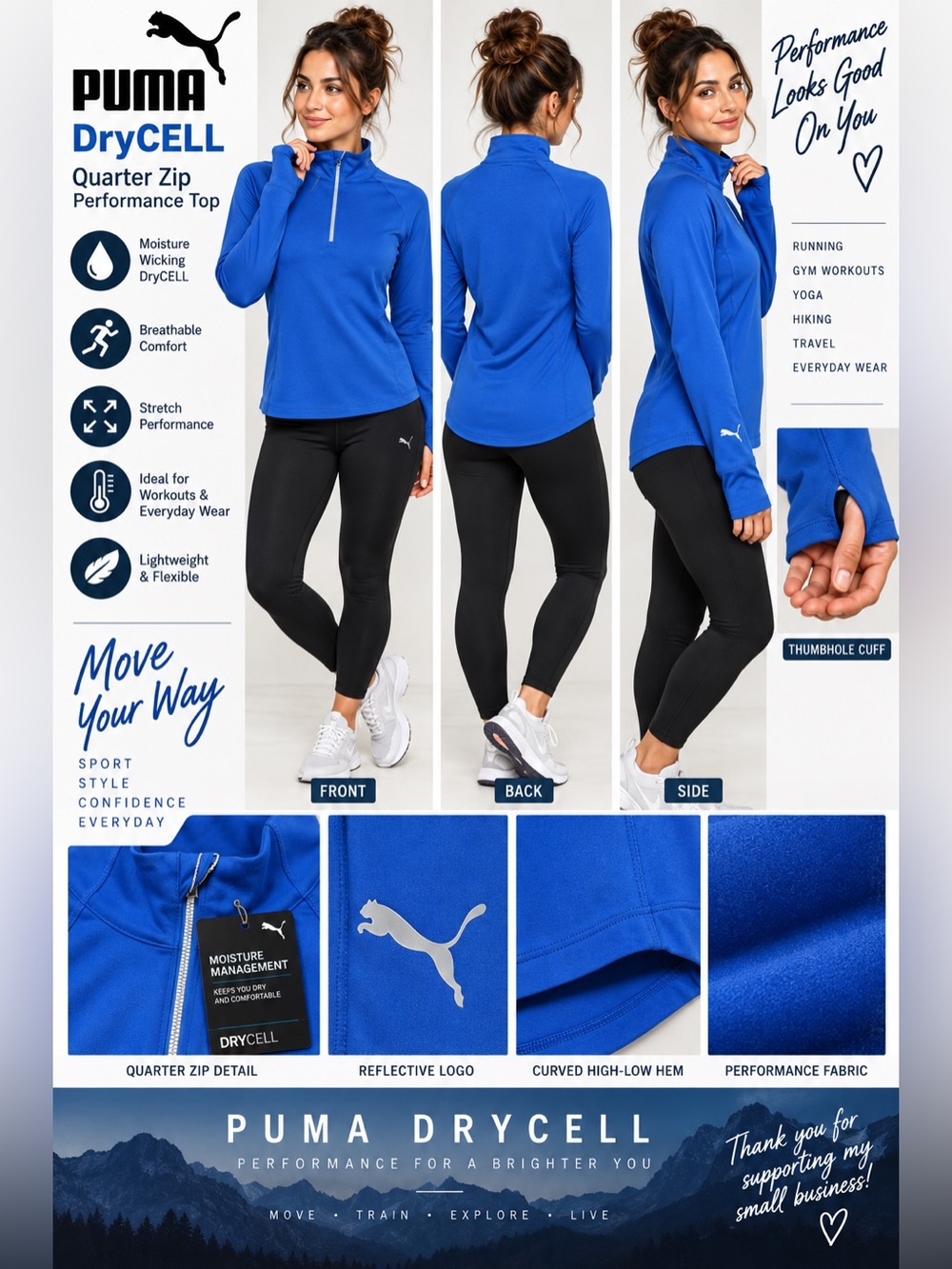PUMA DryCELL Women’s Medium Blue Quarter Zip Running Pullover Thumbholes NWT